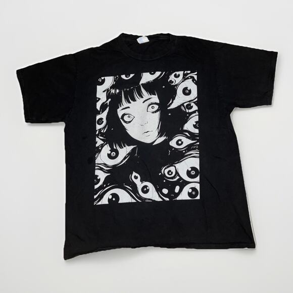 Vintage Anime Horror Graphic T-Shirt Black Large 21x25 Junji Ito Style - Picture 1 of 3